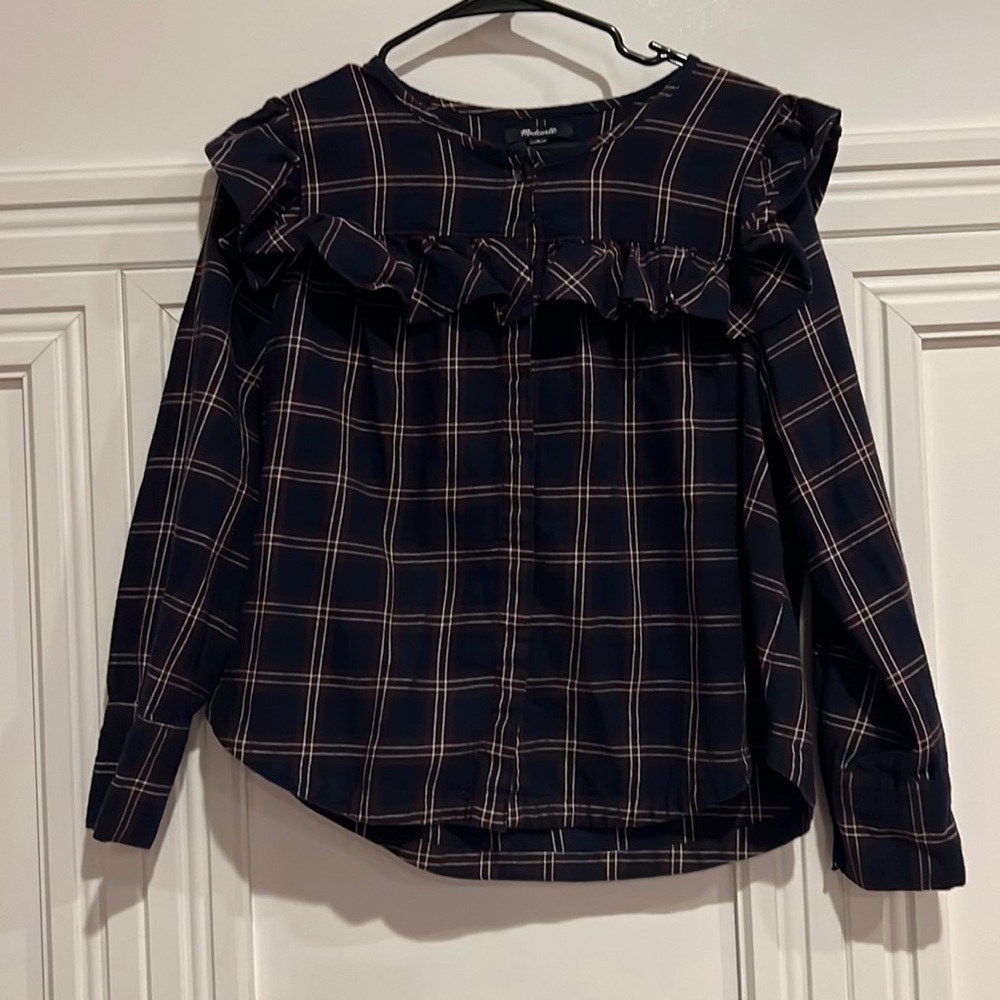 Madewell Ruffle Yoke Navy and Maroon Plaid Blouse size Medium